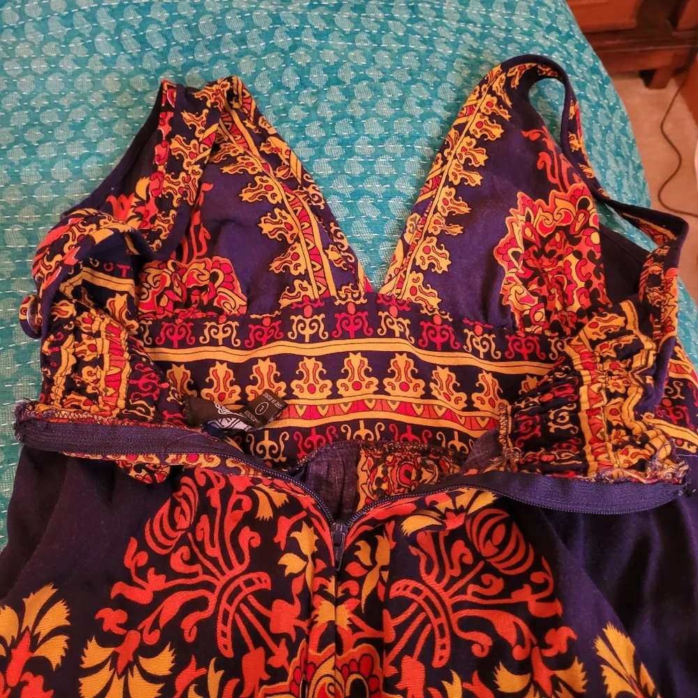 Navy Blue Maxi Dress with Orange Medallion Print, Angie, L - Picture 7 of 10